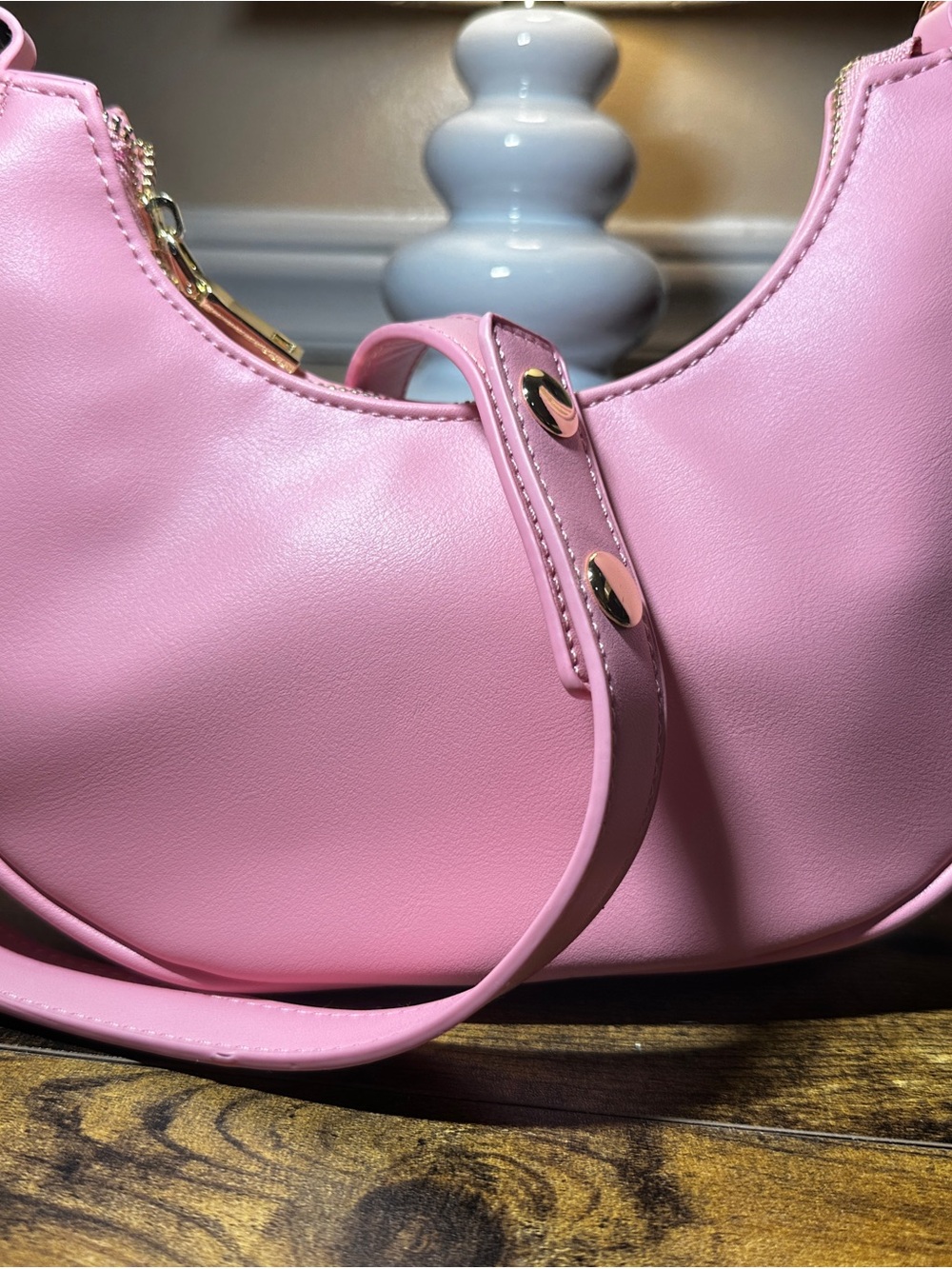 Pink Crescent Shoulder Bag with Gold Accents